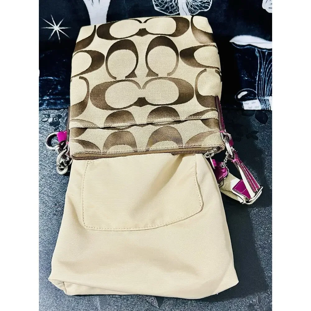 Coach F48806 Signature Stripe Swingpack Crossbody Khaki Passion Berry